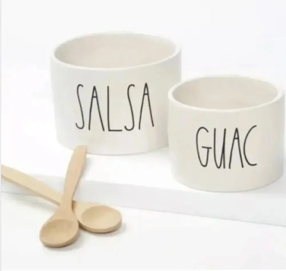 NIB Rae Dunn Artisan Collection Guac & Salsa Bowl Set with Bamboo Spoons